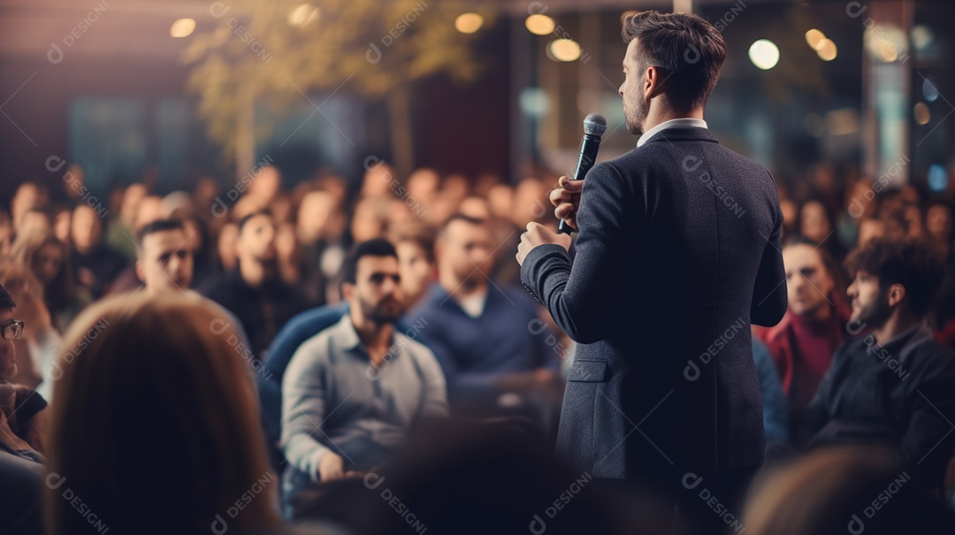 Plano geral de um homem fazendo um discurso no palco durante uma sessão de fotos
