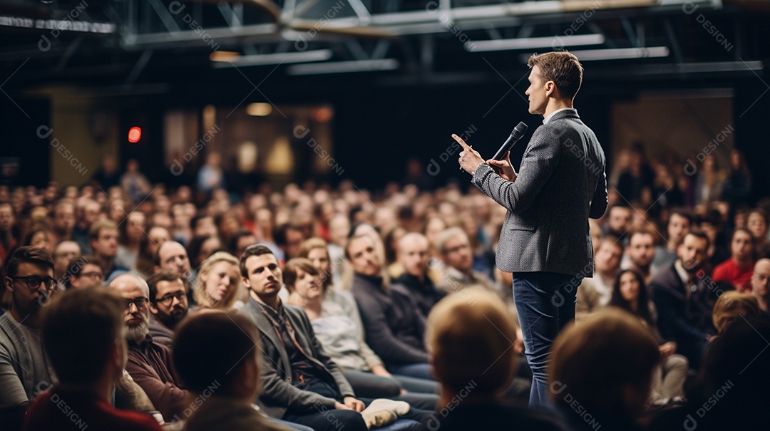 Plano geral de um homem fazendo um discurso no palco durante uma sessão de fotos