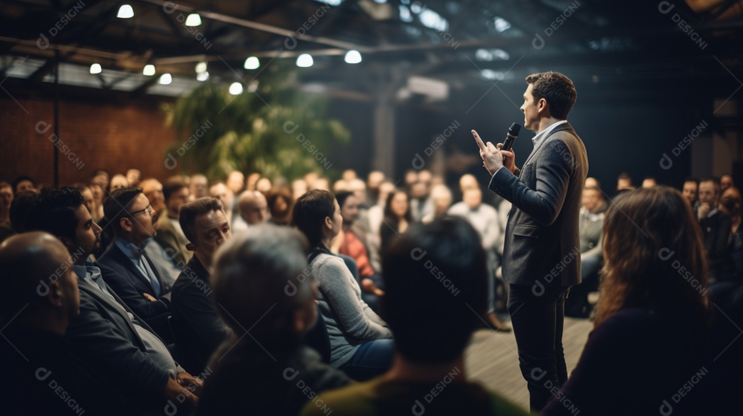 Plano geral de um homem fazendo um discurso no palco durante uma sessão de fotos