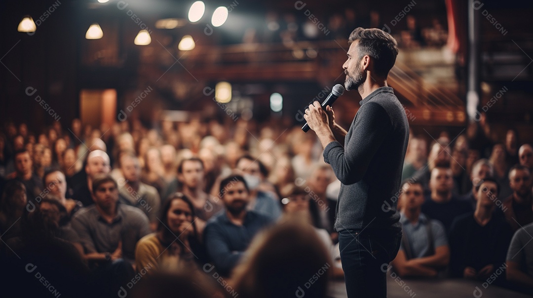 Plano geral de um homem fazendo um discurso no palco durante uma sessão de fotos