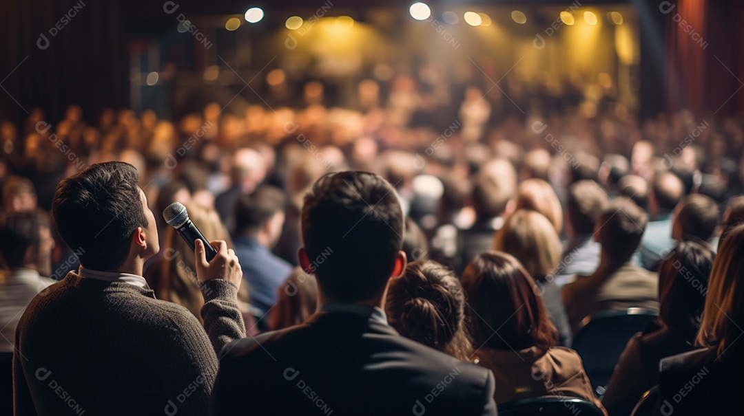 Plano geral de um homem fazendo um discurso no palco durante uma sessão de fotos