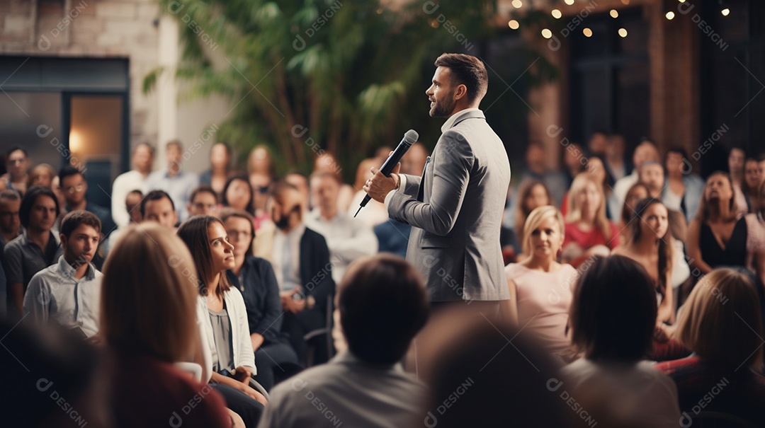 Plano geral de um homem fazendo um discurso no palco durante uma sessão de fotos