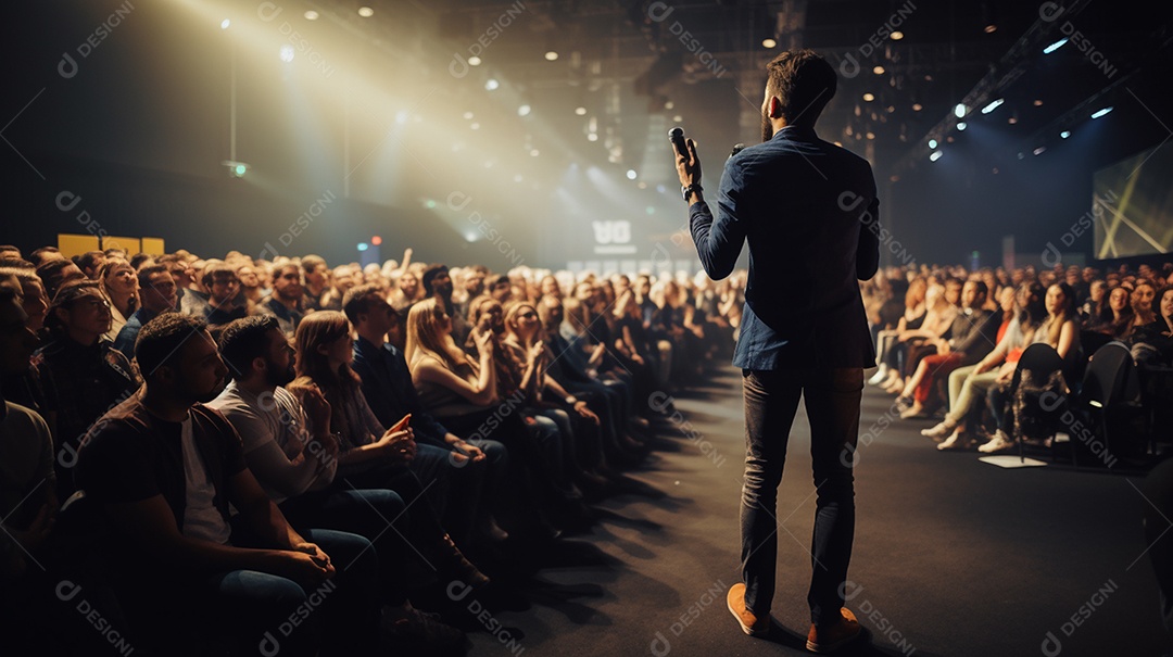 Plano geral de um homem fazendo um discurso no palco durante uma sessão de fotos