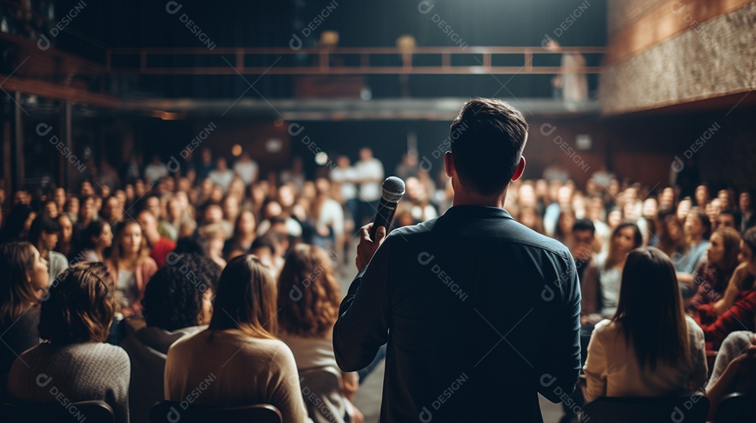 Plano geral de um homem fazendo um discurso no palco durante uma sessão de fotos