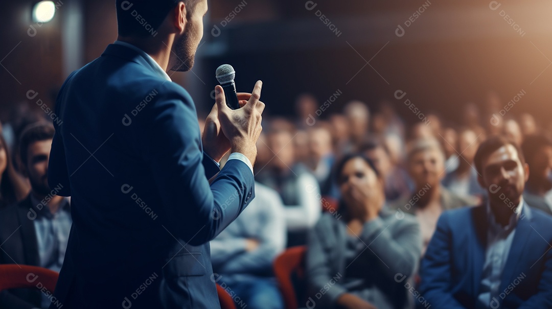 Plano geral de um homem fazendo um discurso no palco durante uma sessão de fotos