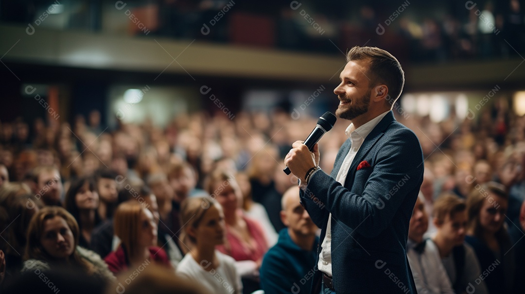 Plano geral de um homem fazendo um discurso no palco durante uma sessão de fotos