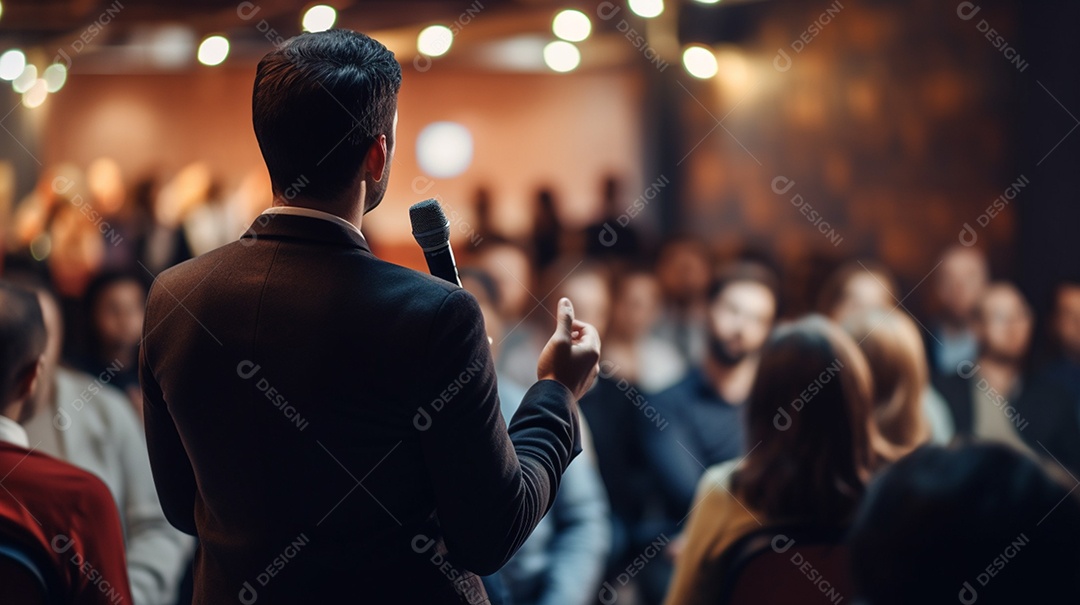 Plano geral de um homem fazendo um discurso no palco durante uma sessão de fotos