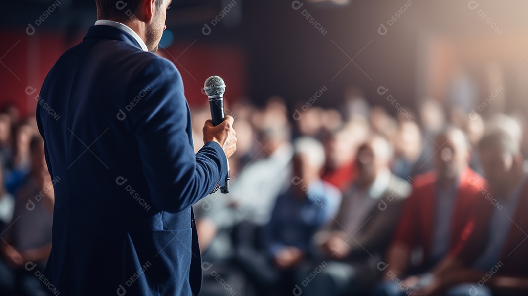 Plano geral de um homem fazendo um discurso no palco durante uma sessão de fotos