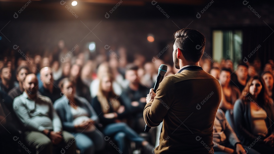 Plano geral de um homem fazendo um discurso no palco durante uma sessão de fotos