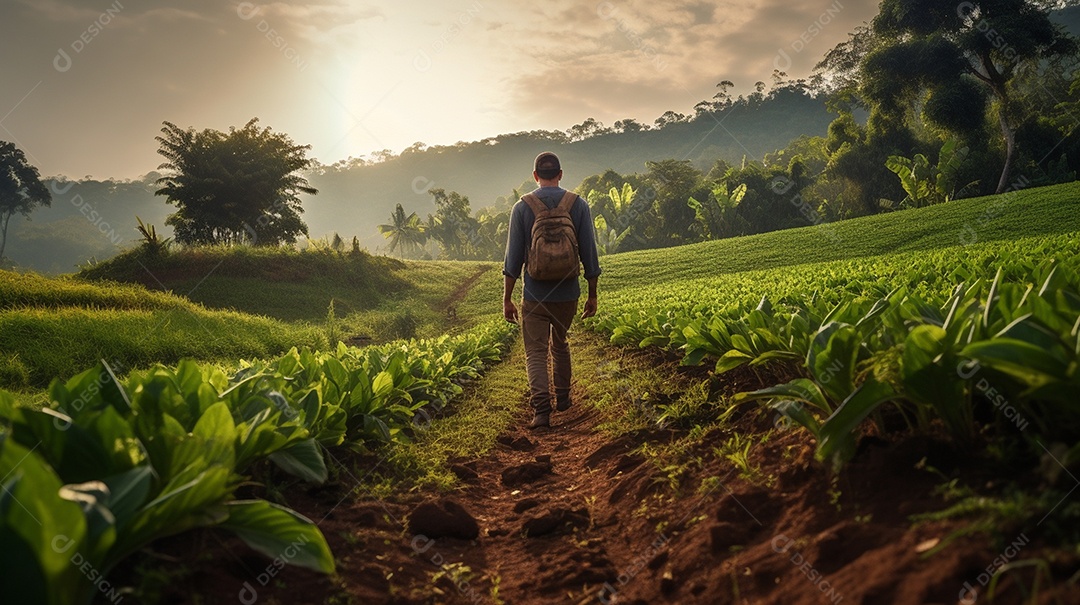 Homem agricultor andando sobre a plantação na fazenda
