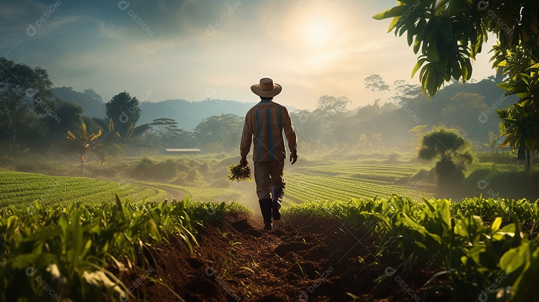 Homem agricultor andando sobre a plantação na fazenda
