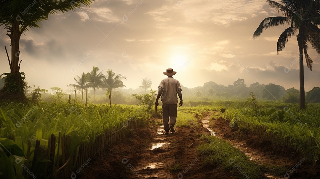 Homem agricultor andando sobre a plantação na fazenda