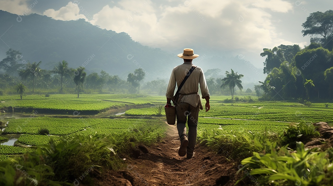 Homem agricultor andando sobre a plantação na fazenda
