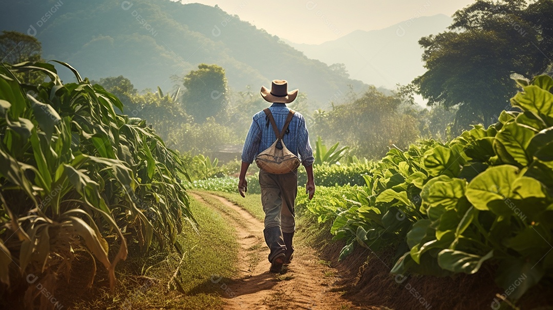 Homem agricultor andando sobre a plantação na fazenda