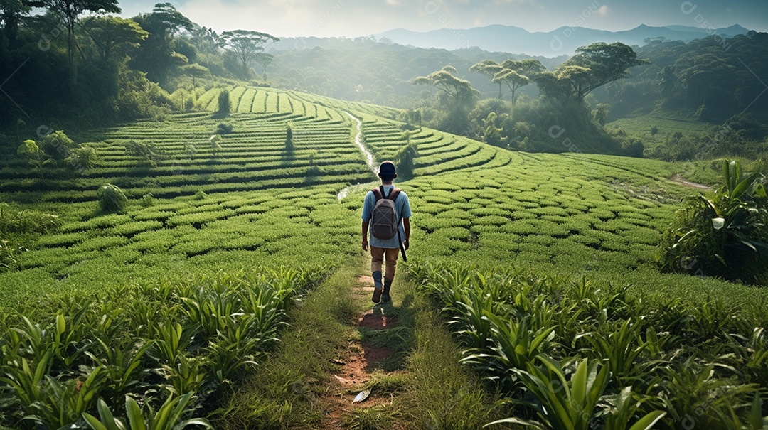 Homem agricultor andando sobre a plantação na fazenda