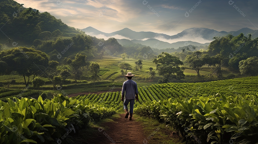 Homem agricultor andando sobre a plantação na fazenda