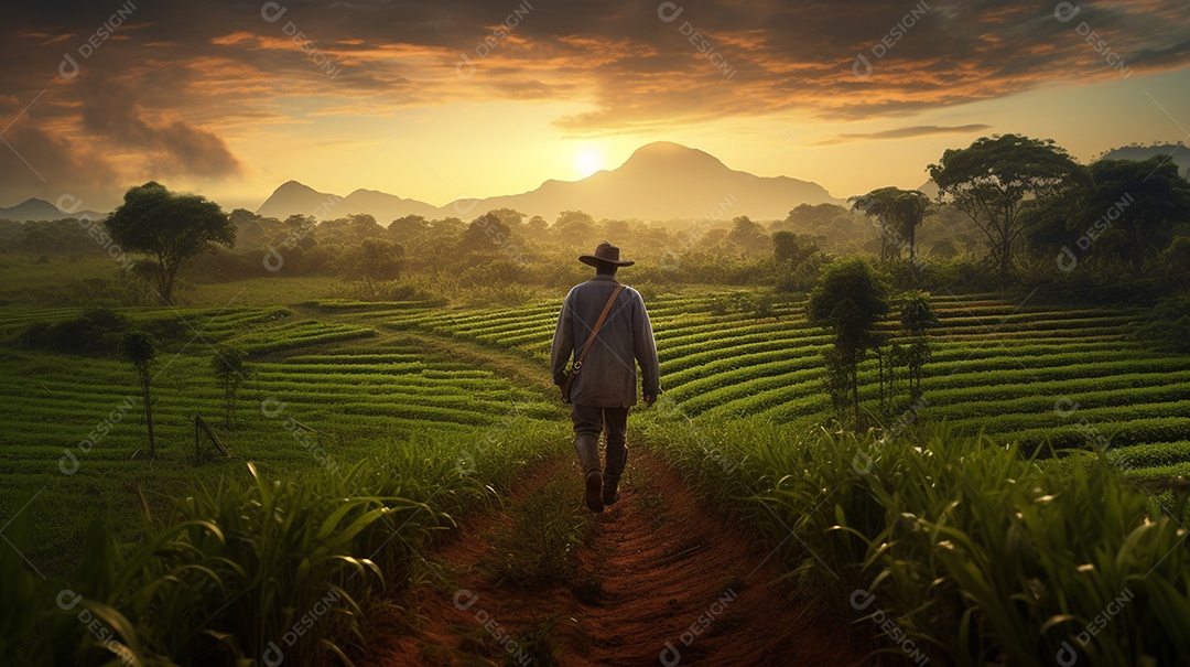 Homem agricultor andando sobre a plantação na fazenda