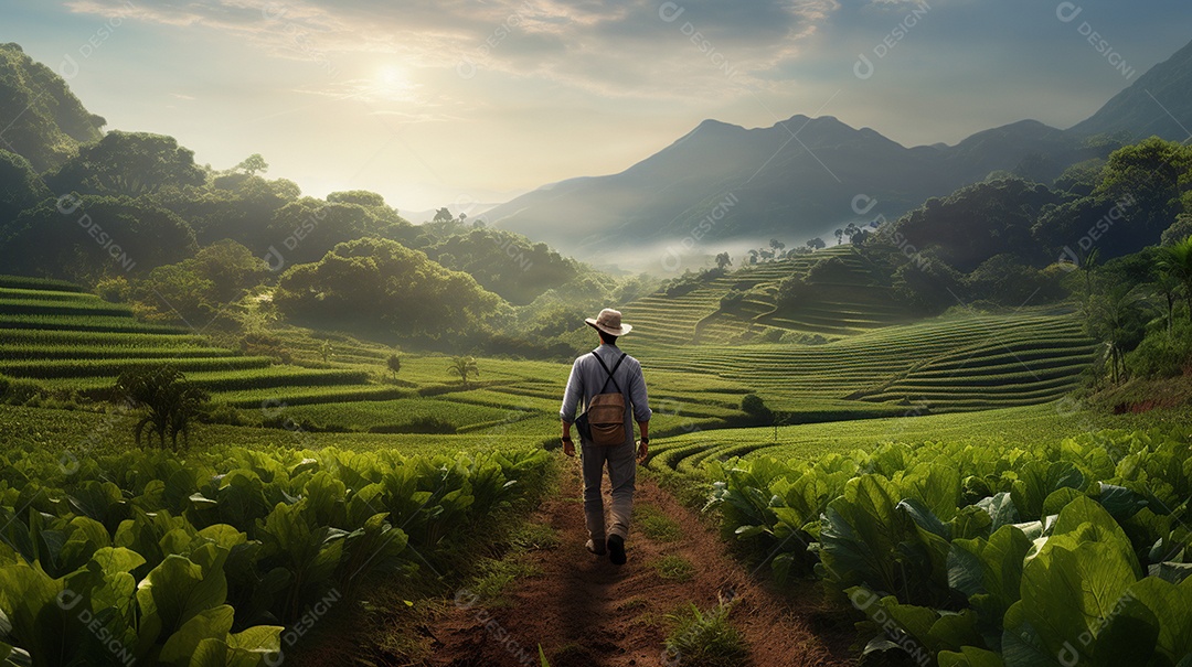 Homem agricultor andando sobre a plantação na fazenda