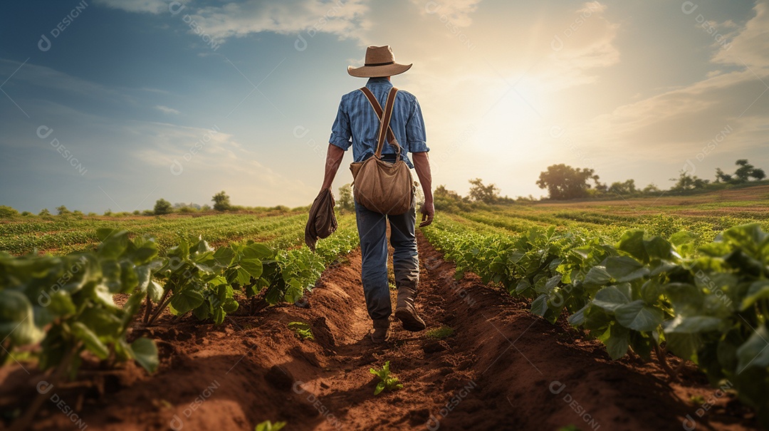 Homem agricultor andando sobre a plantação na fazenda