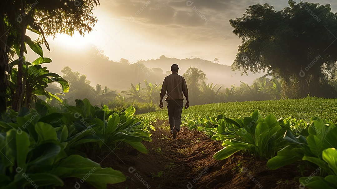 Homem agricultor andando sobre a plantação na fazenda
