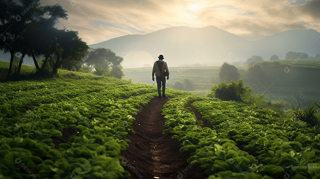 Homem agricultor andando sobre a plantação na fazenda