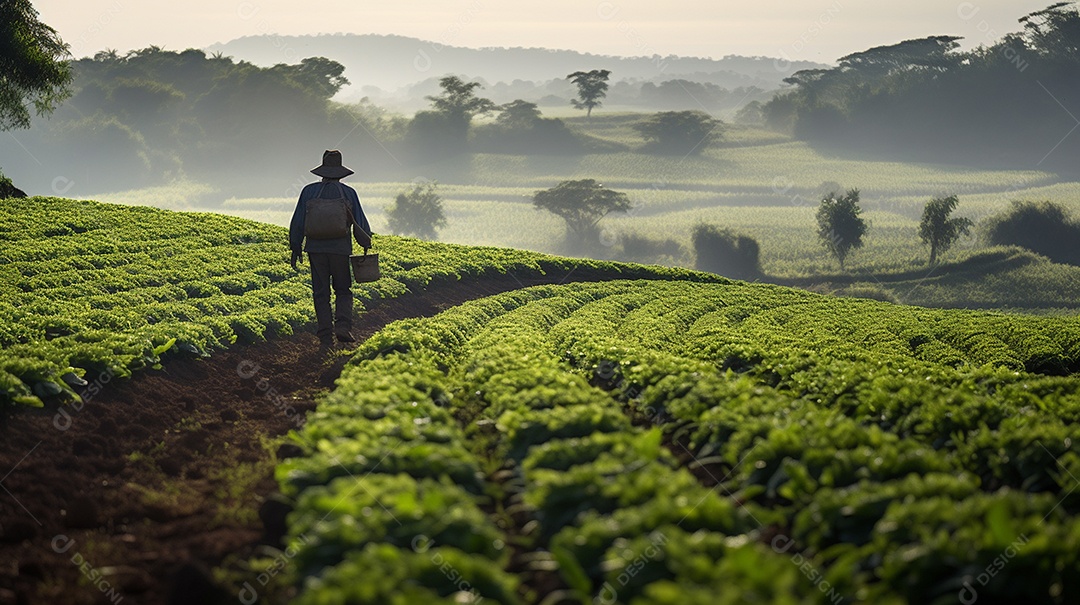 Homem agricultor andando sobre a plantação na fazenda