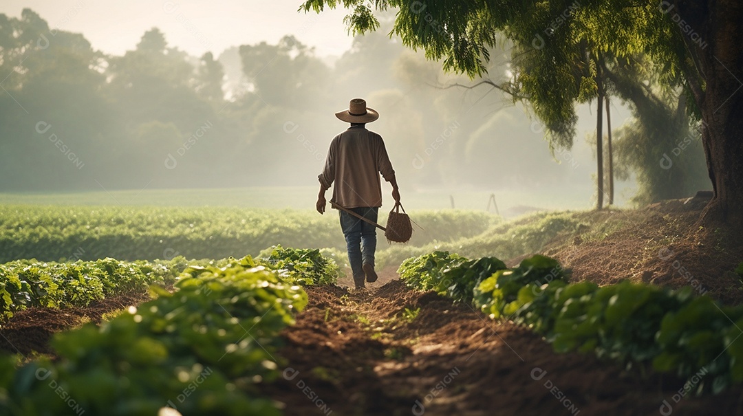 Homem agricultor andando sobre a plantação na fazenda