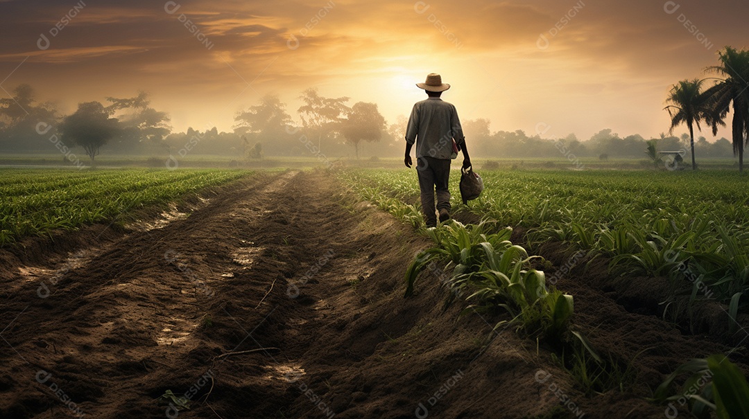 Homem agricultor andando sobre a plantação na fazenda