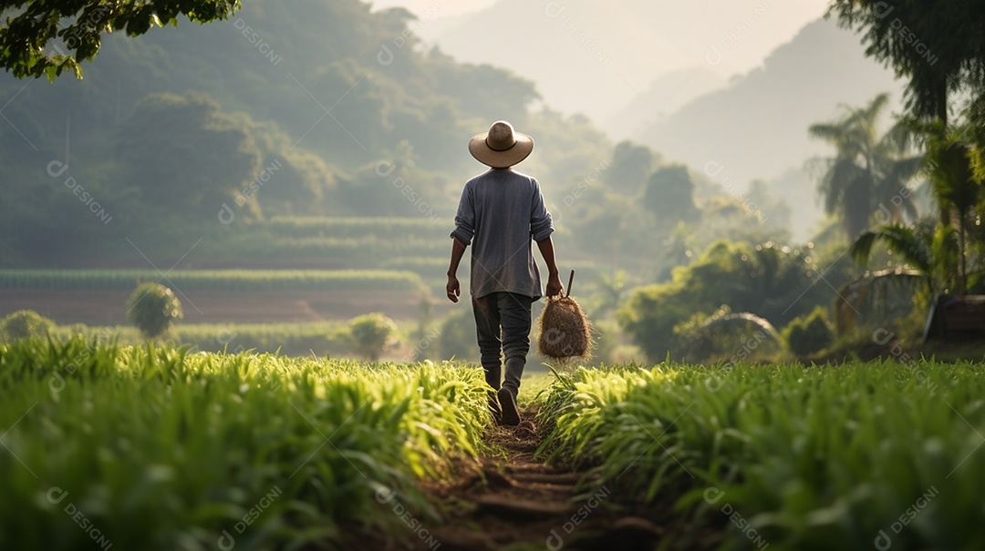 Homem agricultor andando sobre a plantação na fazenda