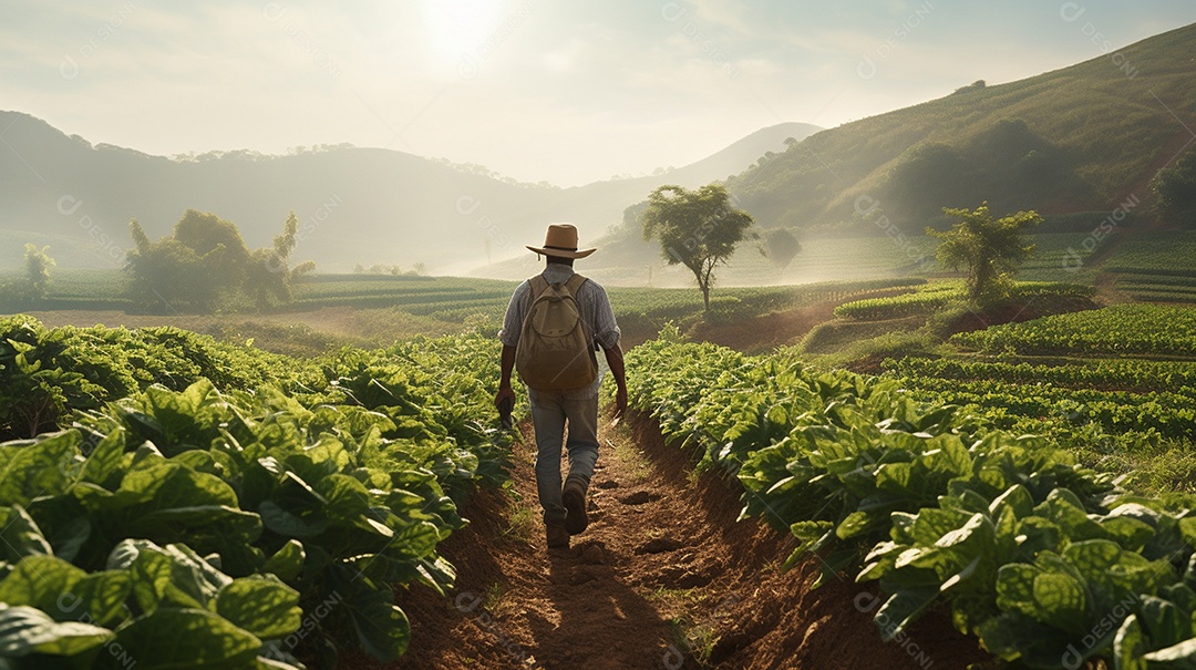 Homem agricultor andando sobre a plantação na fazenda