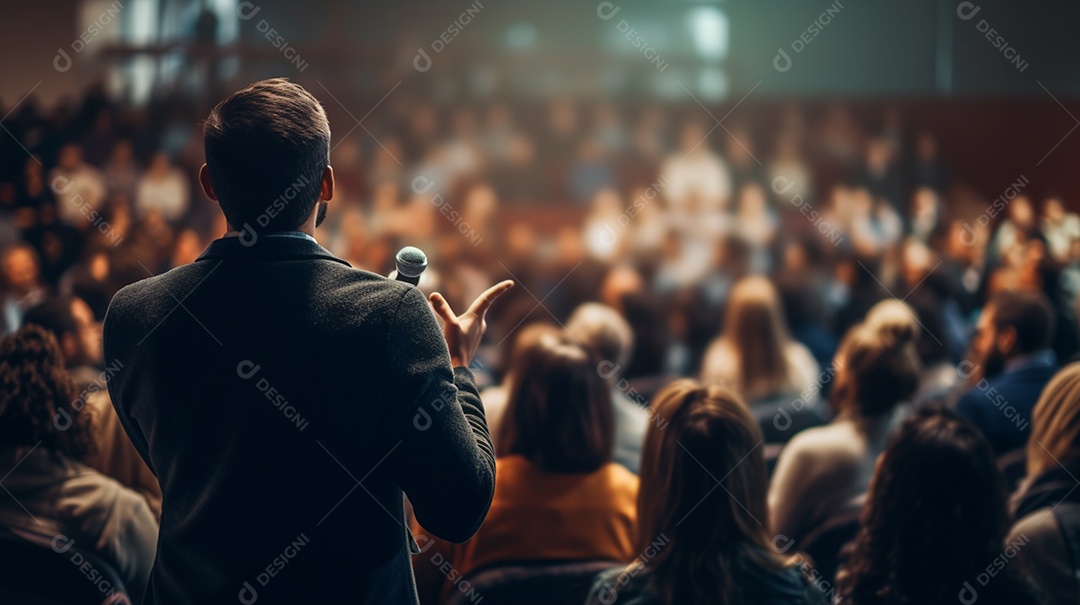 Plano geral de um homem fazendo um discurso no palco durante uma sessão de fotos