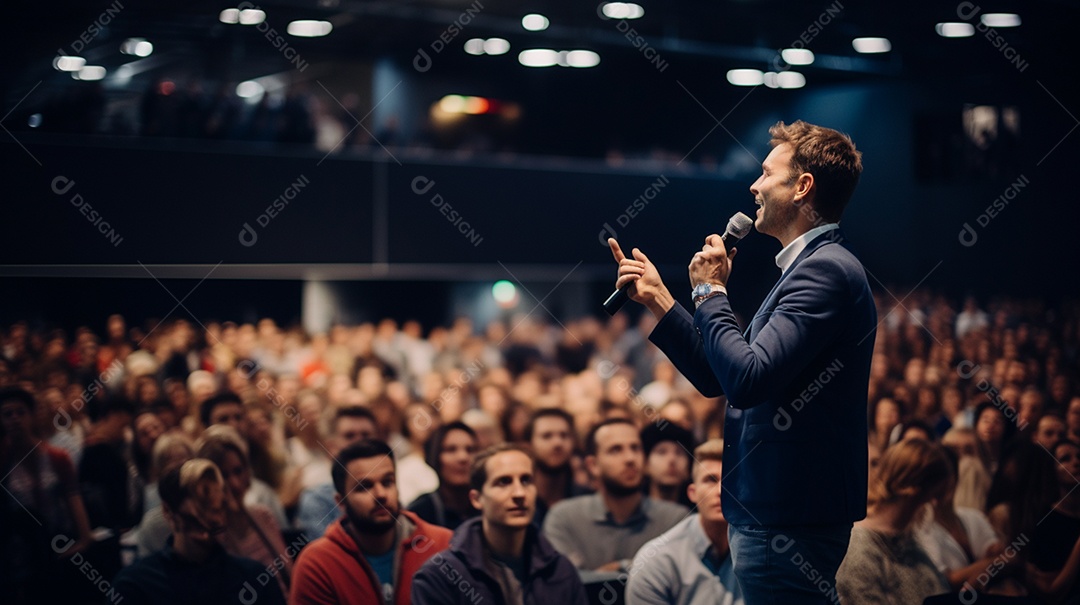 Plano geral de um homem fazendo um discurso no palco durante uma sessão de fotos