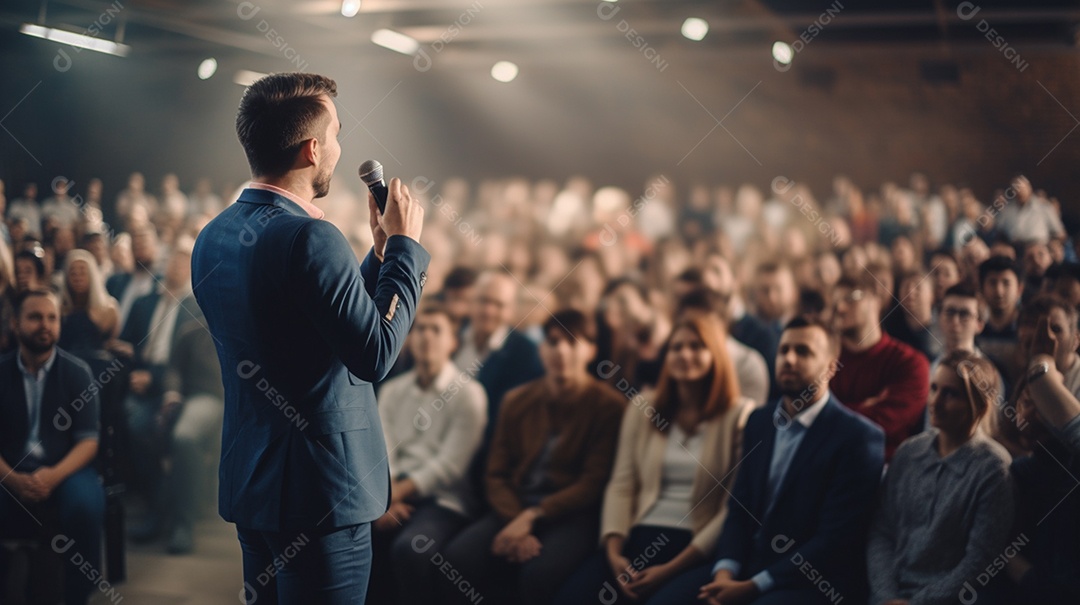 Plano geral de um homem fazendo um discurso no palco durante uma sessão de fotos