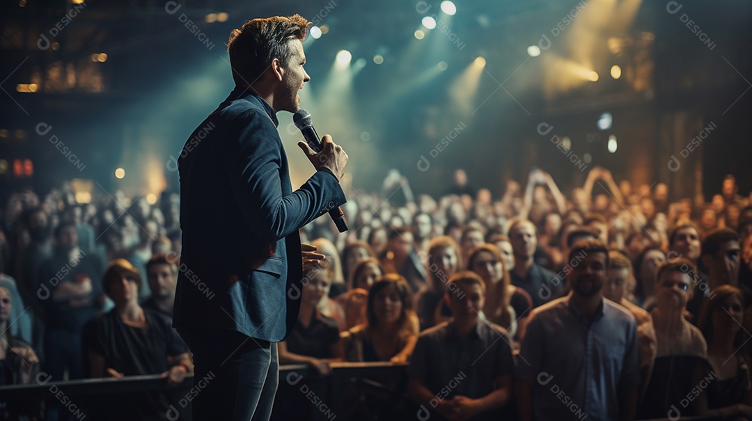 Plano geral de um homem fazendo um discurso no palco durante uma sessão de fotos