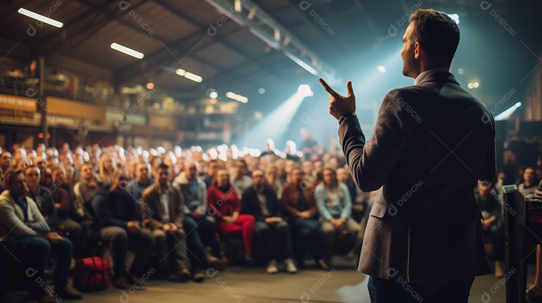 Plano geral de um homem fazendo um discurso no palco durante uma sessão de fotos