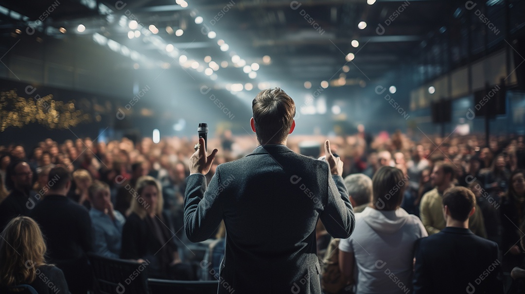 Plano geral de um homem fazendo um discurso no palco durante uma sessão de fotos