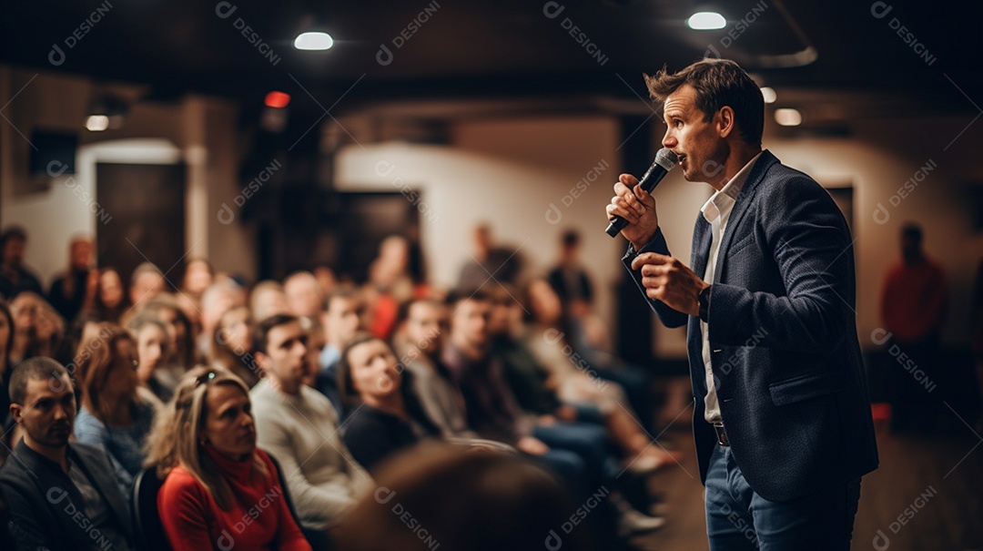 Plano geral de um homem fazendo um discurso no palco durante uma sessão de fotos