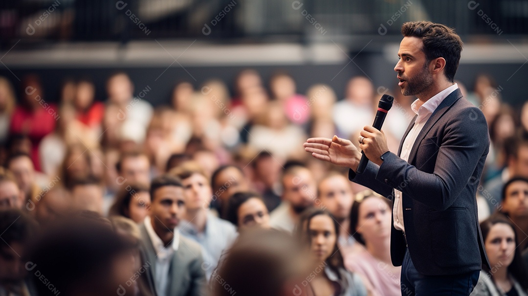Plano geral de um homem fazendo um discurso no palco durante uma sessão de fotos