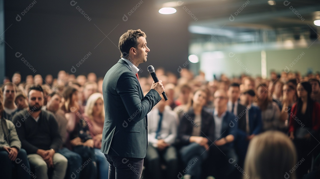 Plano geral de um homem fazendo um discurso no palco durante uma sessão de fotos