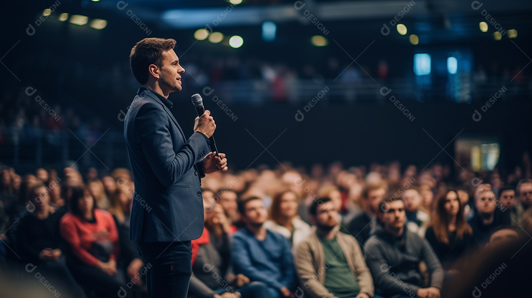 Plano geral de um homem fazendo um discurso no palco durante uma sessão de fotos