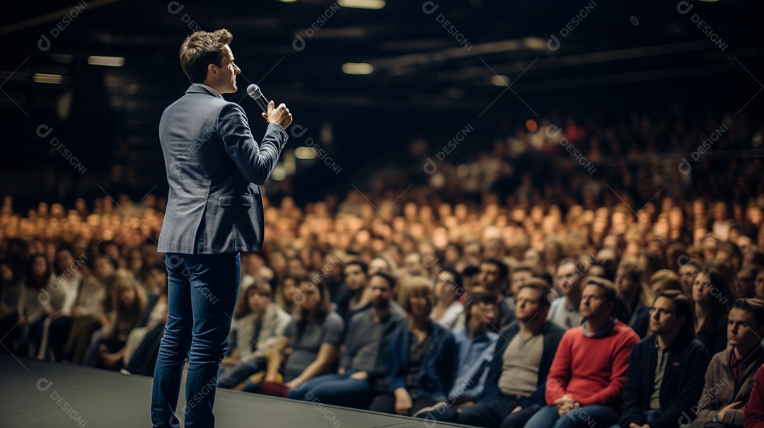 Plano geral de um homem fazendo um discurso no palco durante uma sessão de fotos
