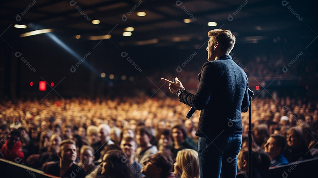 Plano geral de um homem fazendo um discurso no palco durante uma sessão de fotos