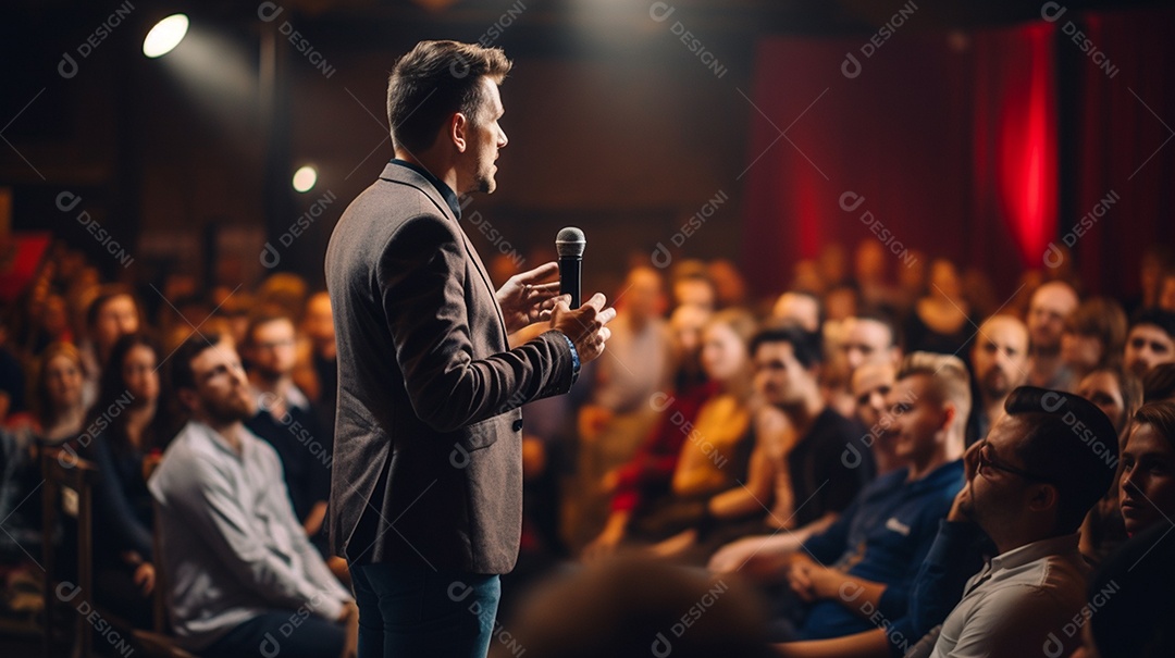 Plano geral de um homem fazendo um discurso no palco durante uma sessão de fotos
