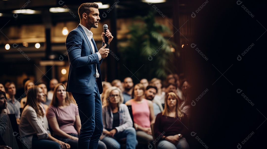 Plano geral de um homem fazendo um discurso no palco durante uma sessão de fotos