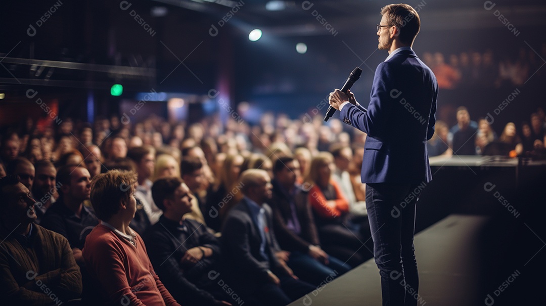 Plano geral de um homem fazendo um discurso no palco durante uma sessão de fotos
