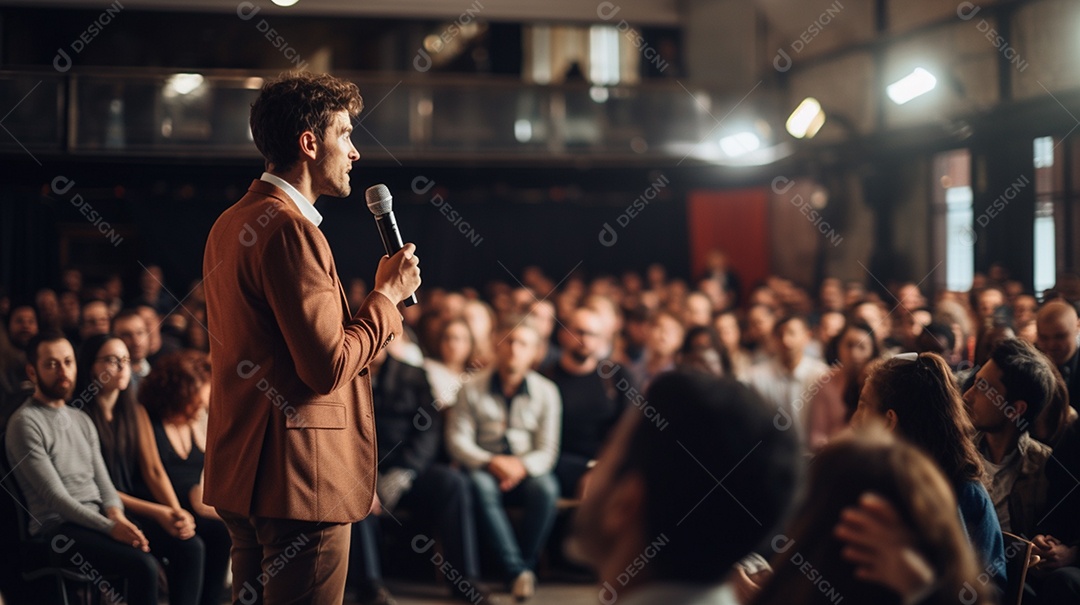 Plano geral de um homem fazendo um discurso no palco durante uma sessão de fotos