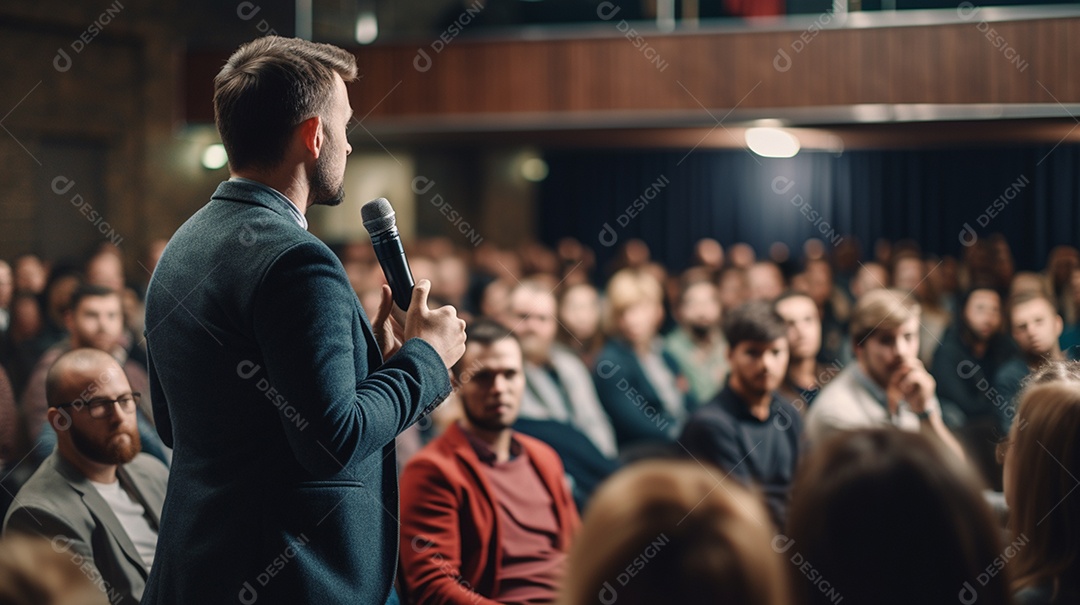 Plano geral de um homem fazendo um discurso no palco durante uma sessão de fotos