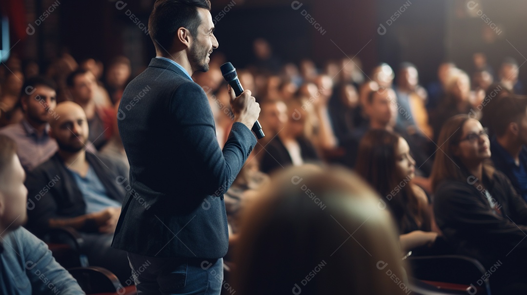 Plano geral de um homem fazendo um discurso no palco durante uma sessão de fotos