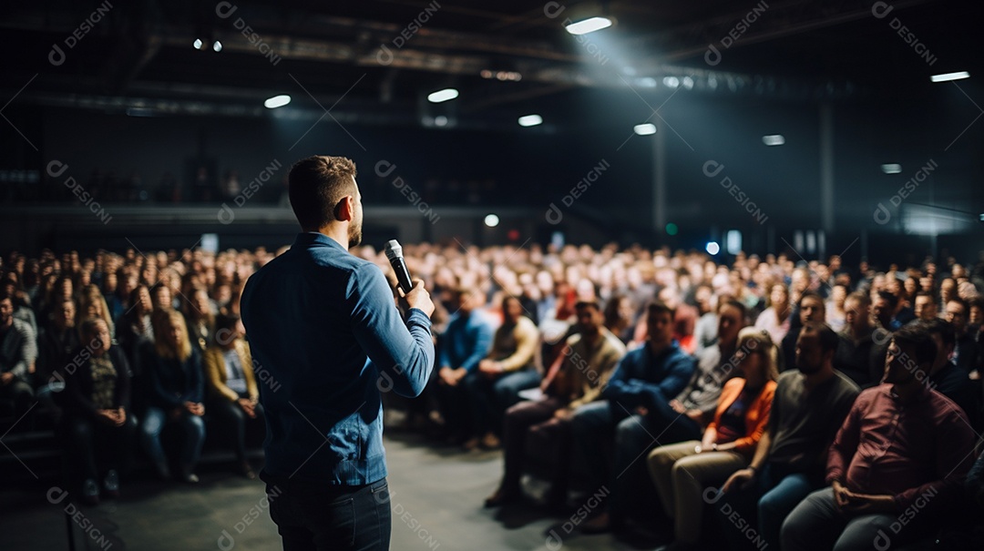 Plano geral de um homem fazendo um discurso no palco durante uma sessão de fotos