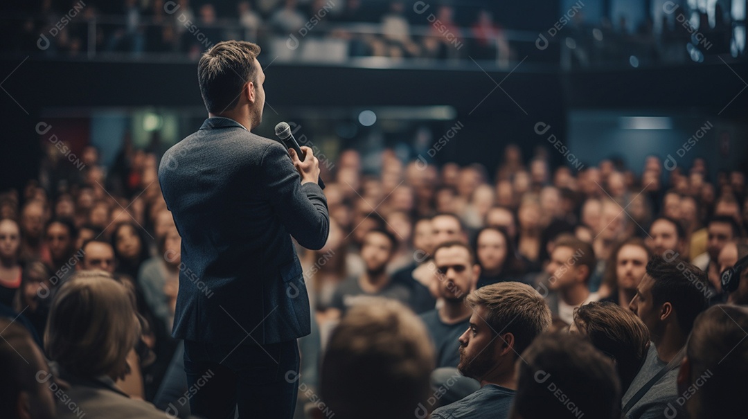 Plano geral de um homem fazendo um discurso no palco durante uma sessão de fotos